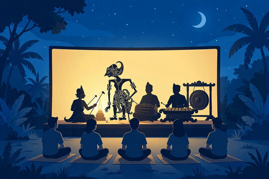 Wayang Kulit Shadow Puppet Show at Night, Dalang and Gamelan