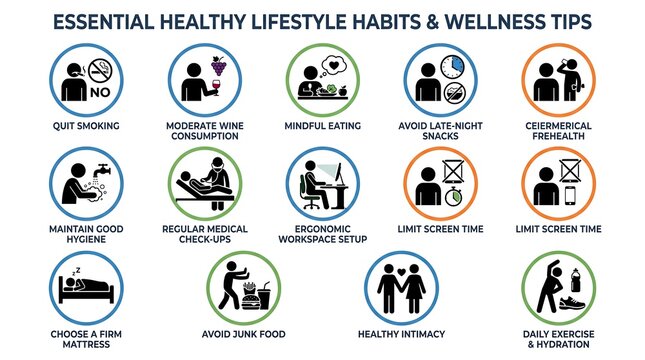 Healthy lifestyle habits infographic, wellness tips icon set, daily health care routine symbols, healthcare infographic elements