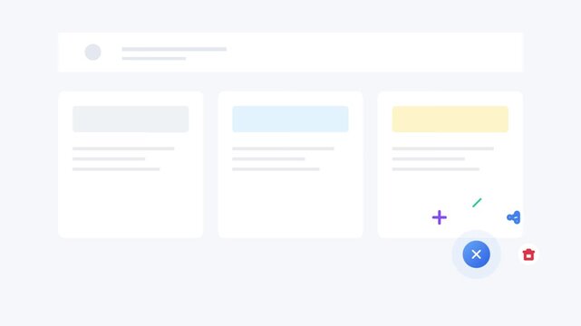 Abstract flat user interface design animation featuring a morphing floating action button expanding into multiple menu options on a clean digital screen