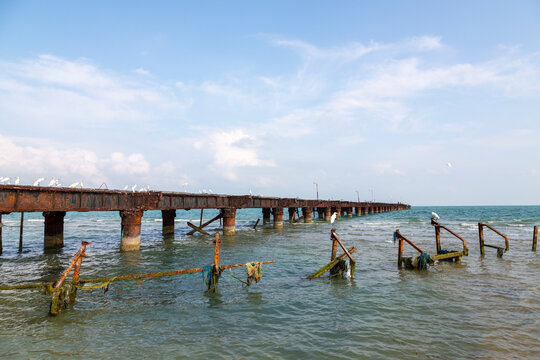 Old rusty pier with egrets stretching into the sea, Northern Province, Mannar, Sri Lanka