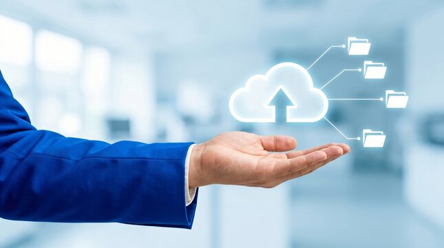 Professional businessman in blue suit holding a glowing digital cloud icon with upload arrow and folder symbols for cloud storage, data backup, and file management solutions in a blurred office.