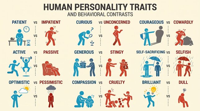 Human personality traits infographic vector illustration, behavioral contrast stick figure icons chart, psychology concept diagram
