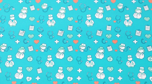 Healthcare seamless pattern with doctors and medical icons on blue