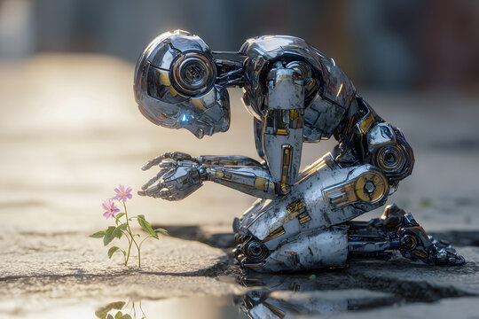 A chrome robot kneeling and admiring a flower on the asphalt.