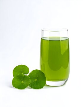 Green gotu kola leaf juice glass with leaf on white background