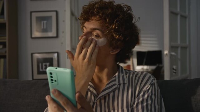 Young Caucasian man applying cosmetic under eye patches while looking into smartphone. Ideal for skincare commercials, male grooming campaigns and digital wellness advertisements