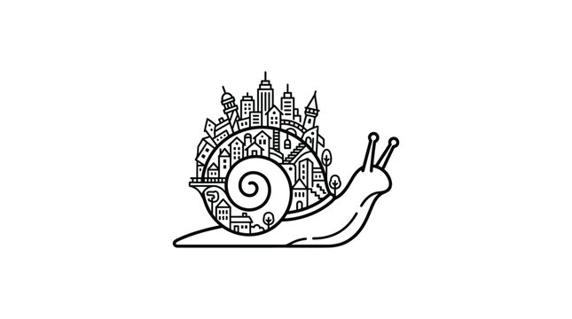 Detailed black and white vector graphic illustration featuring whimsical snail shell transformed into busy metropolitan city skyline