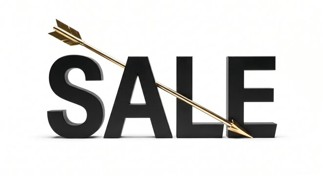 Black sale 3D text pierced with golden arrow isolated on white background for retail promotion