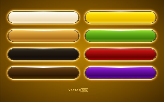 Colorful glossy web buttons collection with golden borders and glowing light on dark gold.