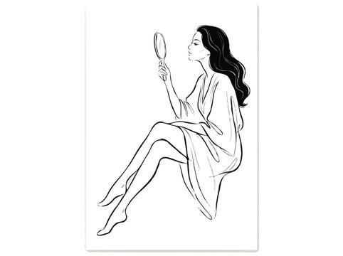 Elegant Line Art Illustration of Woman Sitting and Holding Hand Mirror   