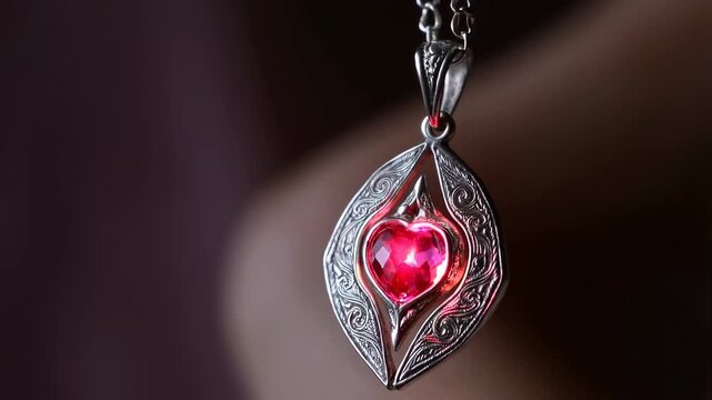 60 FPS Macro silver filigree heart pendant with red gemstone pulsing glow on dark bokeh