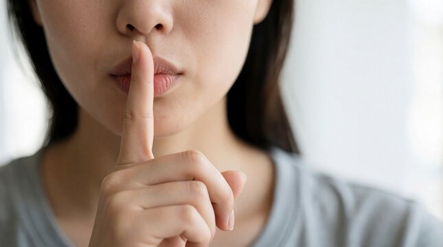 Close up of young woman making shh gesture with finger on lips. Female person asks for silence keeping secret. Quiet nonverbal communication sign shows confidential privacy concept mystery. Person