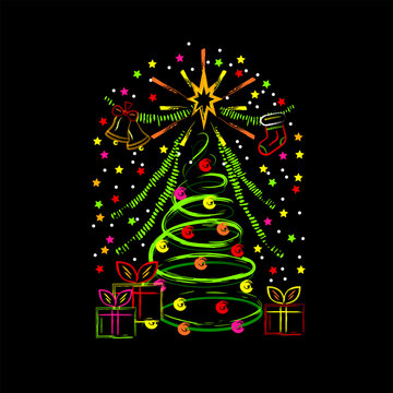 Holiday composition with spiral Christmas tree, gift boxes, garland, scattered little stars. Outline illustrations of Christmas decorations in vivid neon colors. Grunge doodle style