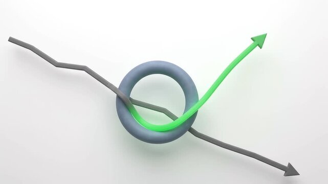 A declining grey line passing through a central ring to emerge as an ascending green growth arrow, symbolizing B2B customer retention models, churn reduction analytics, SaaS business growth strategy.