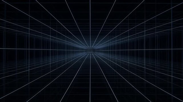 ?Futuristic blue grid tunnel journey through virtual reality pathways