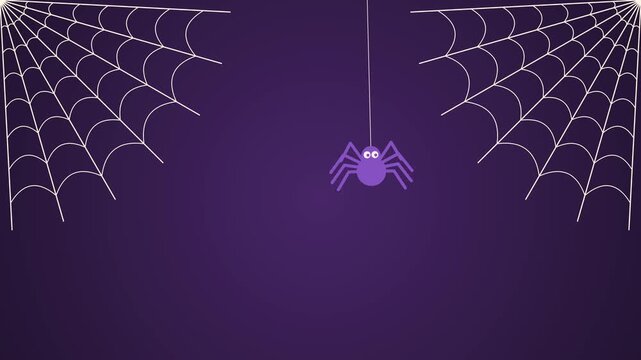 Spider webs drawing in the corners and cute spider descending on a thread, Halloween animation with copy space