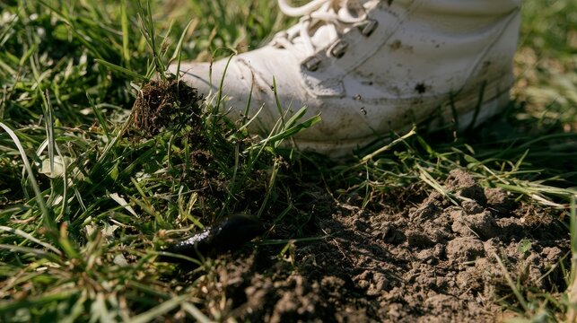 Black slug crawling on green grass and soil beneath a hovering white boot, illustrating imminent danger, vulnerable wildlife, survival threats, and the fragile balance between humans and nature