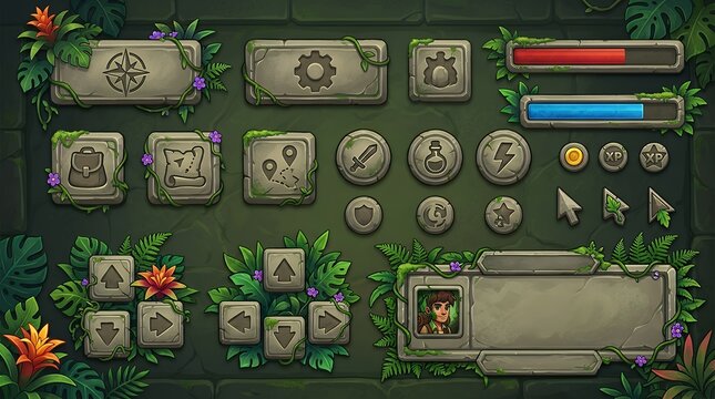 Video game graphical user interface assets featuring stone buttons and tropical jungle foliage elements game UI interface GUI video adventure RPG elements assets buttons stone rock tropical jungle
