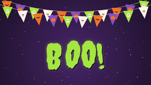 Boo text with swinging Halloween bunting garland decorations, flat vector seamless loop animation