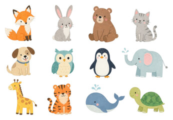 Naklejka premium Cute diverse woodland animal illustrations, PNG with transparent background.