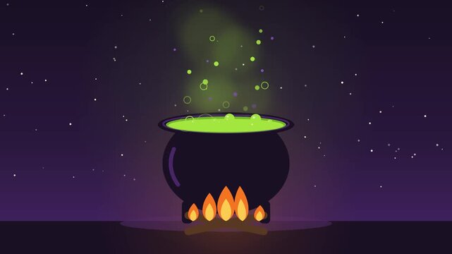 Witch cauldron with bubbling green potion and magic steam over fire, flat Halloween loop animation