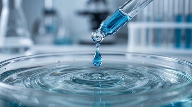 Scientific laboratory experiment capturing a crystal clear dropletblue cosmetic serum falling from a glass pipette into a liquid solution creating circular surface ripples droplet drop pipette