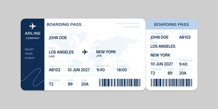 Realistic illustration of airplane ticket boarding pass with passenger name and destination. Concept of travel, journey or business trip.