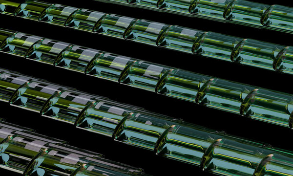 Rows of segmented 3D crystal tubes on black
