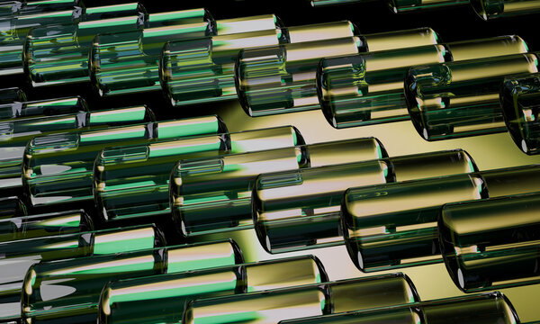Green glass 3D cylinders lined up in diagonal rows