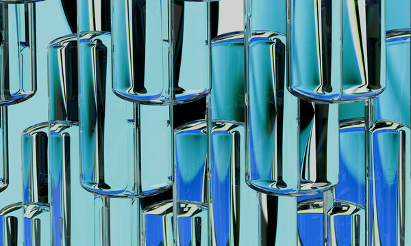 Cyan 3D Cylinders in a Reflective Vertical Pattern