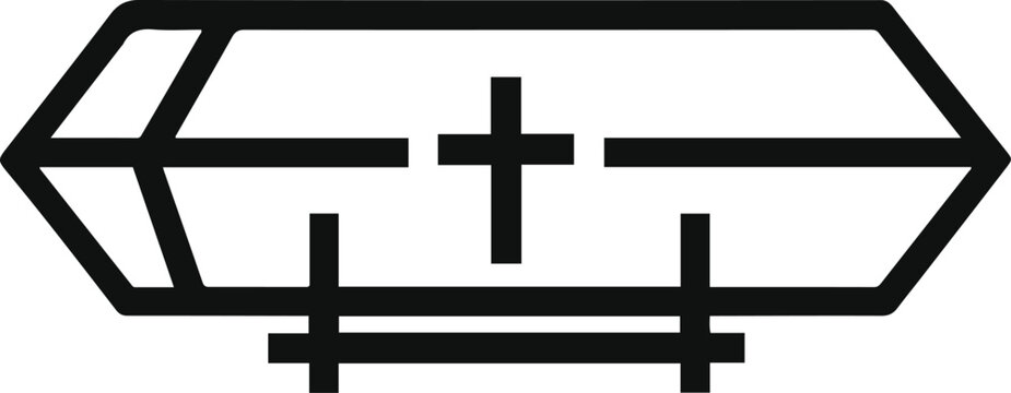 A single coffin with simple cross detail, bold black outline, minimalist geometric shape, white background, icon logo optimized..