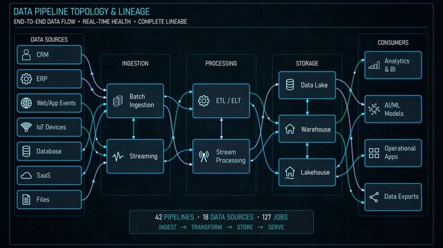 Motion graphic of a data pipeline topology and data lineage dashboard, with flowing connections across ingestion, processing and storage for enterprise analytics presentations.