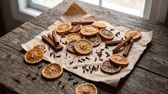 Dried orange slices with cinnamon sticks and cloves on parchment paper over a rustic wooden table, creating a cozy natural decoration for Christmas and winter holidays.
