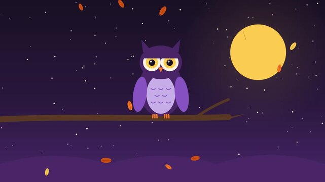 Cute owl blinking and turning its head on a branch with falling autumn leaves, flat Halloween loop