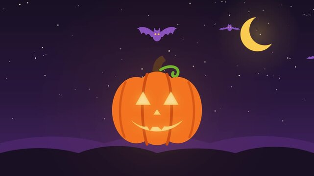 Glowing jack-o'-lantern pumpkin under crescent moon with flying bats, flat Halloween night loop animation