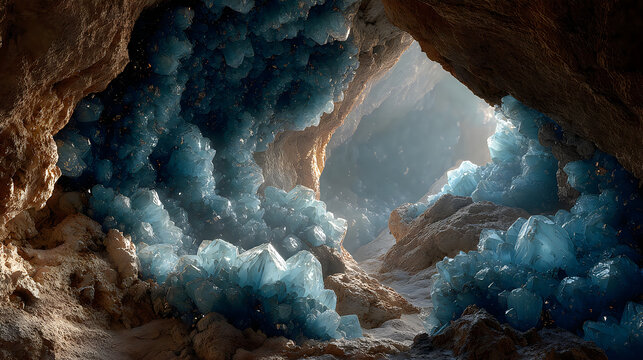 Fantasy crystal cavern majestic blue gemstones illuminated staircase Image illustration