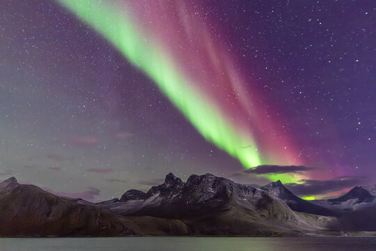 View of the vibrant green and pink Aurora Borealis illuminating the night sky above the rugged mountains and calm waters of Husoy, Troms, Norway.