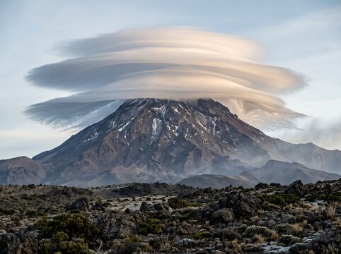 Lenticular clouds hovering over a mountain peak during sunrise with cloud range atmospheric phenom