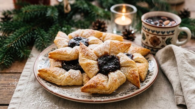 Traditional Finnish Christmas pastries joulutorttu filled with prune jam, dusted with powdered sugar, served with hot cocoa and candlelight amid festive evergreen branches.