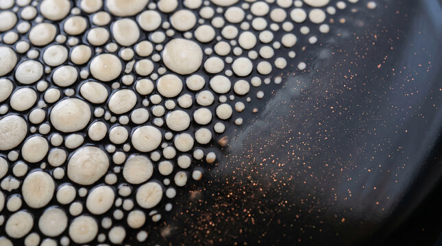 Intricate macro abstract pattern featuring glossy white circular cells scattered across dark background texture