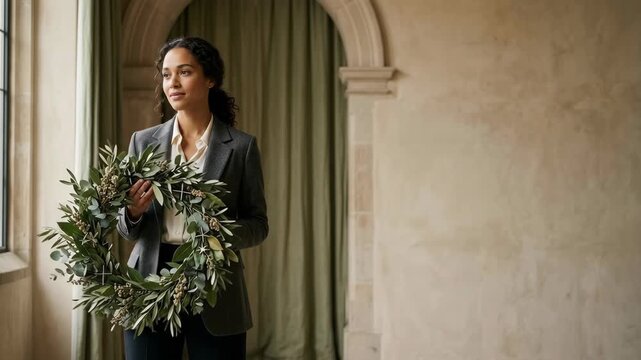 Elegant Professional Woman Holding Lush Greenery Wreath with Christian Symbols in Stone Architectural Setting with Ample Copy Space