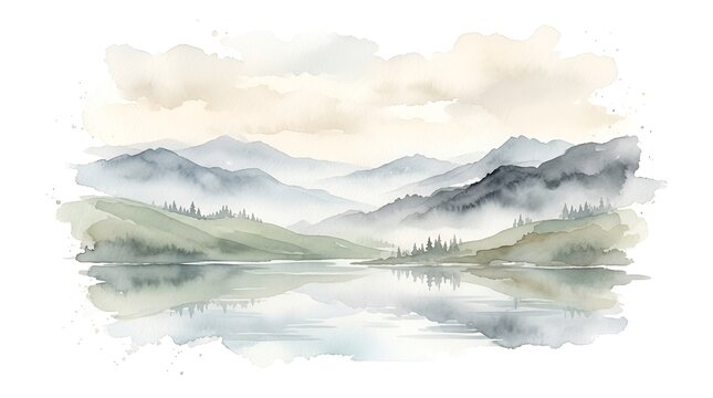 Misty Mountain Lake Sage Green Watercolor Landscape Painting