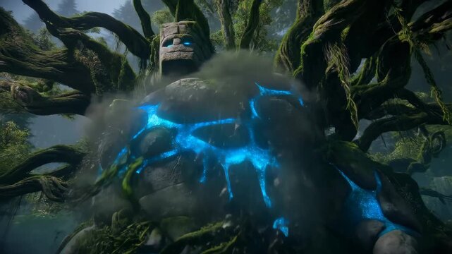 60 FPS Ancient stone golem awakens under giant roots blue energy cracks glowing in misty forest