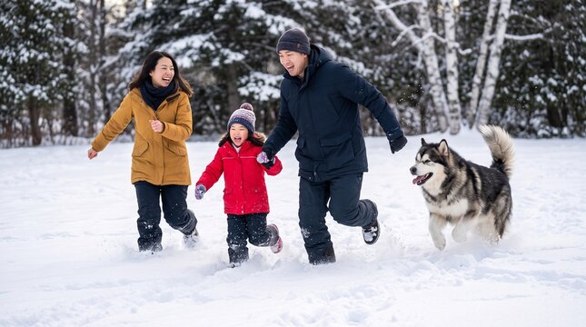 Happy Asian family with child running and playing in snow with husky dog during winter vacation in forest