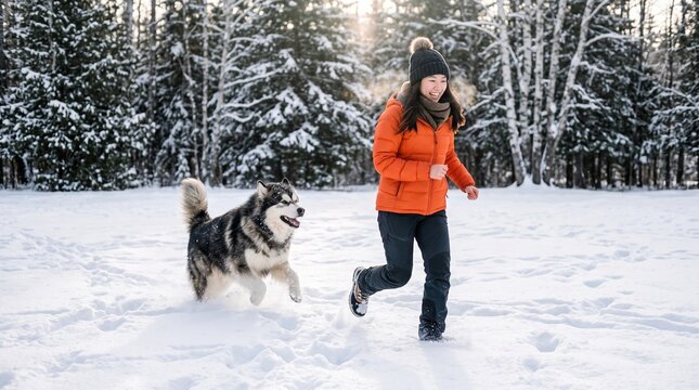 Joyful woman wearing bright orange jacket running through deep snow field with her Alaskan Malamute dog