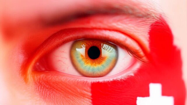 Extreme macro photorealistic footage of a fictional adult male eye with Switzerland face paint and light hazel iris
