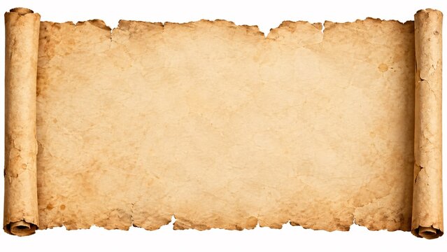 Ancient textured parchment scroll unfurled, offering a blank canvas for historical narratives or important announcements, isolated on white with ample copy space