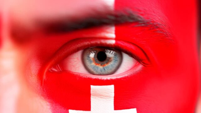 Extreme macro photorealistic footage of a fictional adult male eye with Switzerland face paint and cool steel-gray iris
