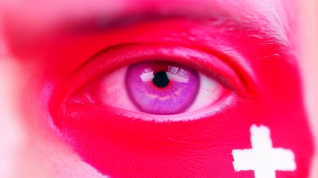 Extreme macro photorealistic footage of a fictional adult male eye with Switzerland face paint and muted violet iris
