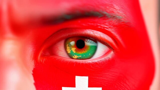 Extreme macro photorealistic footage of a fictional adult male eye with Switzerland face paint and rich emerald-green iris
